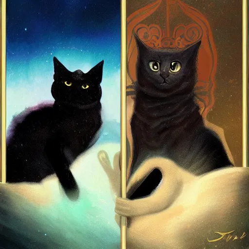 Prompt: 2 of cats tarot card, digital, rider waite card, painting, ultradetailed, artstation, oil painting, ultradetailed, artstation