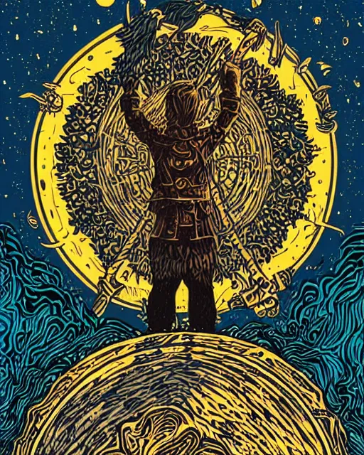 Prompt: a druid standing in a circle at the beginning of the world by dan mumford