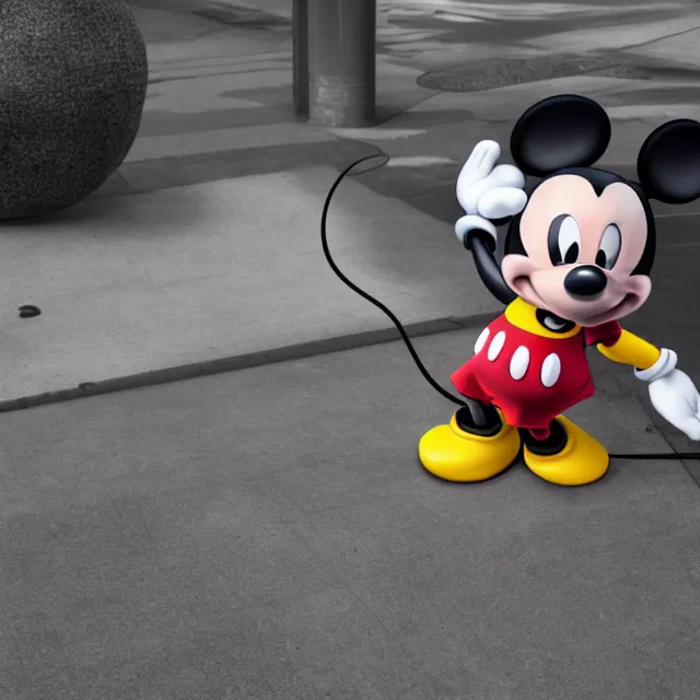 Prompt: ultra realistic mickey mouse in the style of balenciaga, dark cinematic, volumetric, realistic, 3 d render, cinematic lighting, ray tracing, cinematic, unreal engine 5, unreal engine render, octane render, hyper realistic, photo, 8 k