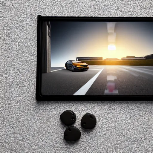 Prompt: close shot of a Hyundai car with cheese wheels on a white garage floor near a window at sunset, 3d render, unreal engine 5, octane render, 4k, low contrast, ray tracing, serene landscape, calm, relaxing, beautiful landscape, highly detailed, high quality, product photo, hyperrealistic, concept art, symmetrical, centered, godrays