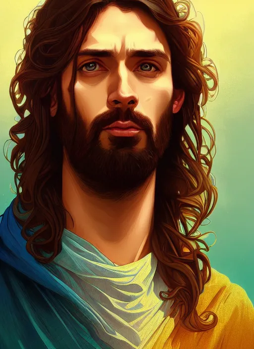 Image similar to handsome jesus, half body shot, path traced, highly detailed, high quality, digital painting, alena aenami, lilia alvarado, shinji aramaki, karol bak, alphonse mucha, tom bagshaw