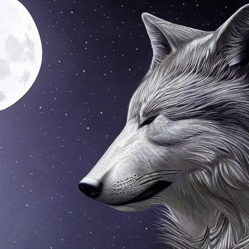 Prompt: Geometric Wolf, moon in the background, intricate, elegant, highly detailed, digital painting, artstation, concept art, smooth, sharp focus, illustration, art by artgerm