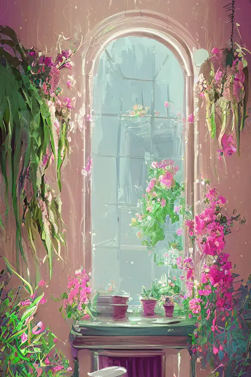 Image similar to beautiful digital matter cinematic painting of whimsical botanical illustration of shabby chic dressing room by greg rutkowki and alena aenami artstation