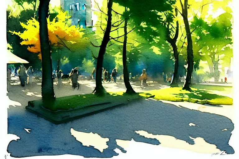 Image similar to small centered on watercolor paper, paint brush strokes, abstract watercolor painting of city park, daylight, shadows, foliage, sunlight, translucent leaves, cinematic light, national romanticism by hans dahl, by jesper ejsing, by anders zorn, by greg rutkowski, by greg manchess, by tyler edlin