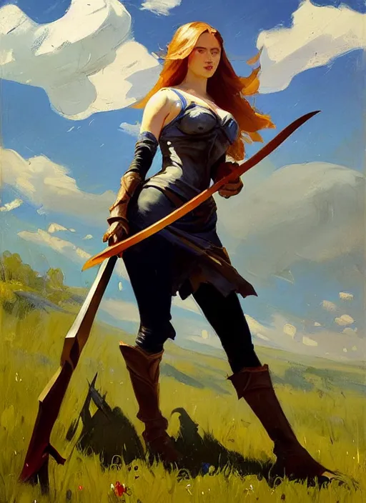 Prompt: Greg Manchess painting of a girl wielding a huge scythe in style of League of Legends, countryside, calm, fantasy character portrait, dynamic pose, above view, sunny day, thunder clouds in the sky, artwork by Jeremy Lipkin and Giuseppe Dangelico Pino and Michael Garmash and Rob Rey, very coherent asymmetrical artwork, sharp edges, perfect face, simple form, wacky, 100mm