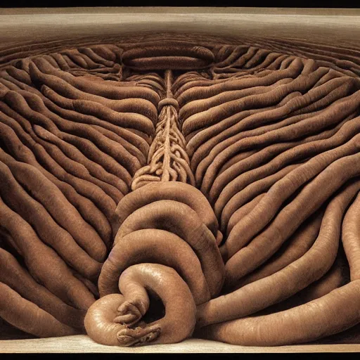 Image similar to by grant wood, by valentin de boulogne midday, dramatic lighting ultradetailed, insane. a installation art of the human intestine in all its glory. each section of the intestine is labelled, & various items & creatures can be seen inside, such as bacteria, food particles, & even a little mouse.