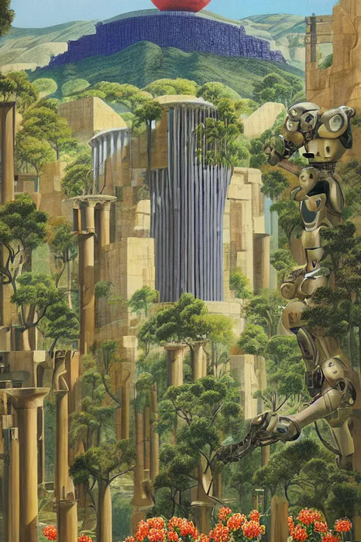 Image similar to mecha robot, hanging gardens of babylon, temple of artemis at ephesus, waterfalls, blooming hills with spring flowers and pillars by helen lundeberg