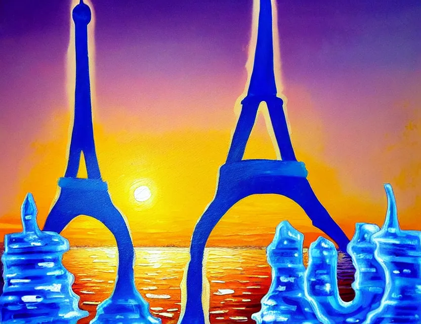 Image similar to a painting of a ice sculture like the eiffel tower in paris with melting ice on the skyline of paris on a very sunny bright summer sunset day, very hot and the ice is melting fast and people are swimming in the icecream in the style of james jean