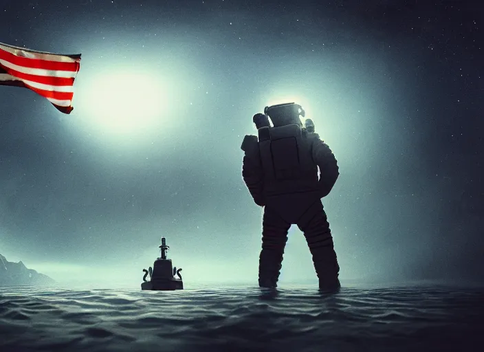 Image similar to astronaut holding a flag in an underwater desert. a submarine is visible in the distance. dark, concept art, cinematic, dramatic, atmospheric, 8 k, trending on artstation, blue, fish, low visibility, fog, ocean floor, christopher nolan, interstellar