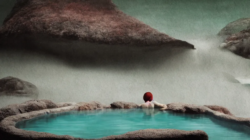 Image similar to a bather at a steaming natural hot spring in a nook of river stones, in an epic valley, japan, a collage painting, in the style of wes anderson, lola dupre, david hockney, isolated on negative white space background dark monochrome neon spraypaint accents volumetric octane render