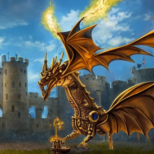 Prompt: photo of a steampunk dragon breathing fire in front of a medieval castle, 4k, highly detailed