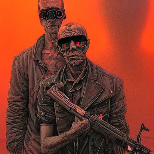 Image similar to cyberpunk sonny barger and hunter thompson by beksinski and tristan eaton, dark neon trimmed beautiful dystopian digital art