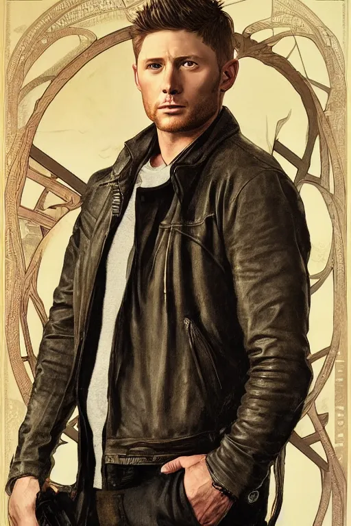 Image similar to a detailed matte portrait of an jensen ackles dressed dean in the gilmore girls, masterpiece, 8 k, art by alphonse mucha and greg rutkowski