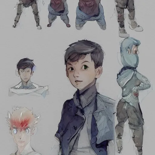 Prompt: watercolor, pen and ink and pencil sketch character concept design game asset of sketches watercolor of a boy scientist by Stanley Artgerm Lau, WLOP, Rossdraws, James Jean, Andrei Riabovitchev, Marc Simonetti, and Sakimichan, tranding on artstation , assets, character design, tending on pinterest, trending on cgtalk, trending on concept art, trending on character design