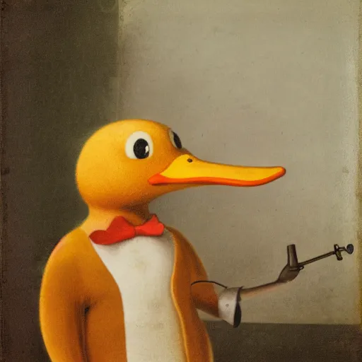 Prompt: anthropomorphic duck with human arms