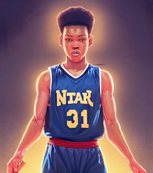 Prompt: portrait of a boy at a basketball court playing basketball wearing a basketball uniform in a basketball court, intense emotion, detailed surroundings, intricate, elegant, highly detailed, centered, digital painting, artstation, concept art, smooth, sharp focus, illustration, by Peter Mohrbacher, WLOP