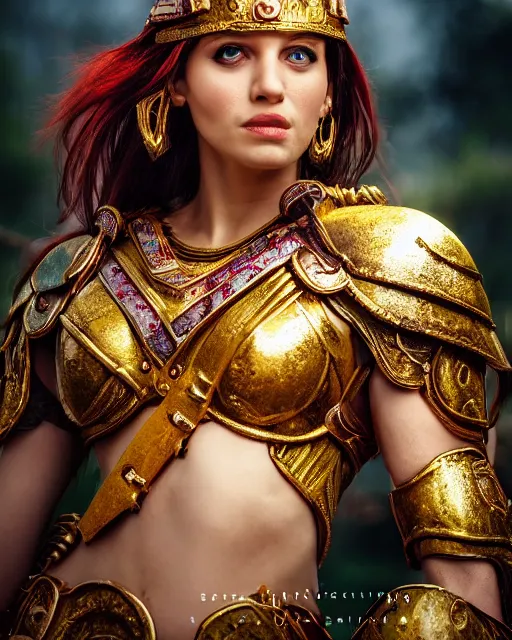 Image similar to photorealistic head and shoulders photo of beautiful female ornate fantasy greek spartan warrior goddess, confident, Neil Blevins, Frank frazetta, arney freytag, Ritu Kumar, Sabyasachi Mukherjee, Annie Leibowitz, Magic the gathering,octane, bokeh, 8k, fashion pose, cinematic, 28mm