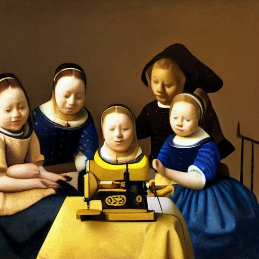 Prompt: five little girls sitting at a sewing machine, fine art, oil paint, muted olive background, highly detailed, close up face, bright, in jan vermeer style
