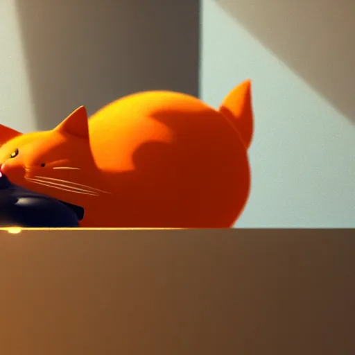 Prompt: A fat, cute orange cat in a beautiful room, cozy, octane render by Goro Fujita, details, lights, beautiful, 4K, 8K