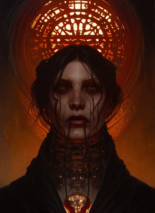 Image similar to symmetry!! portrait of a necromancer, horror, dark moody lights!! intricate, scary, highly detailed, digital painting, artstation, concept art, smooth, sharp focus, illustration, art by greg rutkowski and alphonse mucha