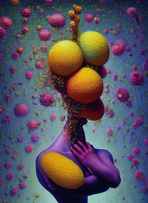 Image similar to hyper detailed 3d render like a Oil painting - Chromatic (Singer) Eats of the Strangling Fruit and Her Delicate Hands full of gossamer polyp blossoms bring iridescent fungal flowers whose spores black the foolish stars by Jacek Yerka, Mariusz Lewandowski, Houdini algorithmic generative render, Abstract brush strokes, Masterpiece, Edward Hopper and James Gilleard, Zdzislaw Beksinski, Mark Ryden, Wolfgang Lettl, hints of Yayoi Kasuma, octane render, 8k