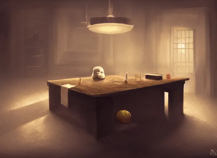 Image similar to dark liminal room, lemon sits idly on a centered table, eerie atmosphere, dark dramatic lighting, trending on artstation