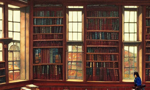 Prompt: A beautiful ultradetailed painting of a cozy library with many windows and cushions on a rainy day, John William Waterhouse, Raphael Lacoste, Thomas Cole, Legend of Korra, trending on artstation