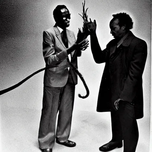Prompt: miles davis shaking hands with a giant humanoid tarantula