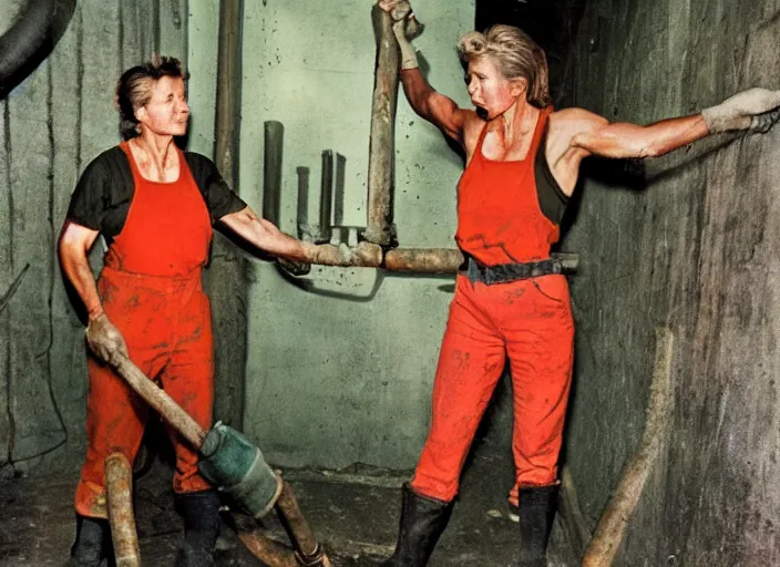 Image similar to 90's professional color photograph, A Very muscular coal miner woman