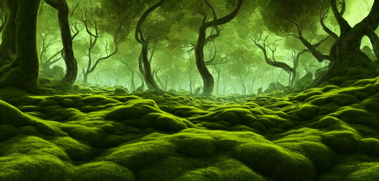 Image similar to random forest landscape, moss, incredible, vector art, octane render, fabulous, hyper detailed, random cinematic view, no noise, global illumination, warm lighting, volumetric, godrays, vivid, beautiful, by brian miller