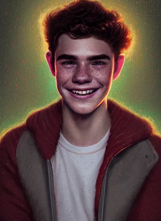 Prompt: portrait of teenage archie andrews, freckles, curly middle part haircut, curly hair, smiling kindly, intricate, elegant, glowing lights, highly detailed, digital painting, artstation, concept art, smooth, sharp focus, illustration, art by wlop, mars ravelo and greg rutkowski