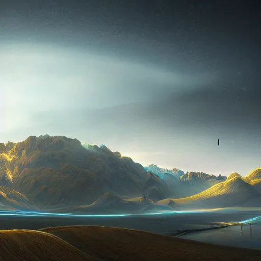 Prompt: futuristic landscape photprealism ultradetailed digital art, golden ratio, art canvas, award winning, masterpiece trending on artstation 8 k 1 5 0 mpx