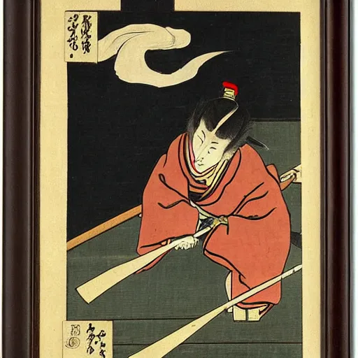 Image similar to Edo period Japan Ronin cleaning his sword in the style of an ancient painting