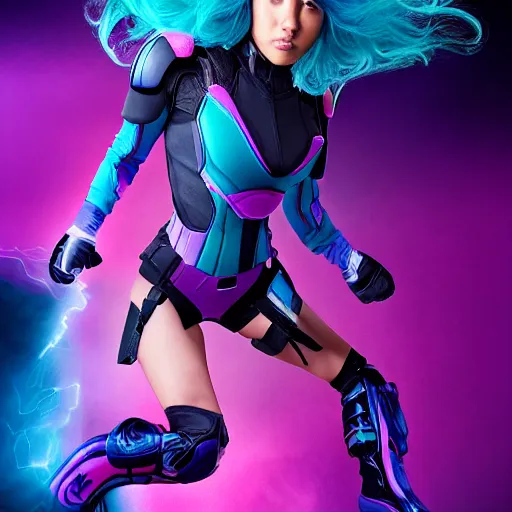 Prompt: a stunning high shutter speed action upper body portrait of a beautiful woman with a ombre purple pink hairstyle with head in motion and hair flying while wearing futuristic navy blue and teal battle bodyarmor and pauldrons by marvel comics, outrun, vaporware, action photography, highly detailed, fine detail, intricate, digital art, trending on artstation