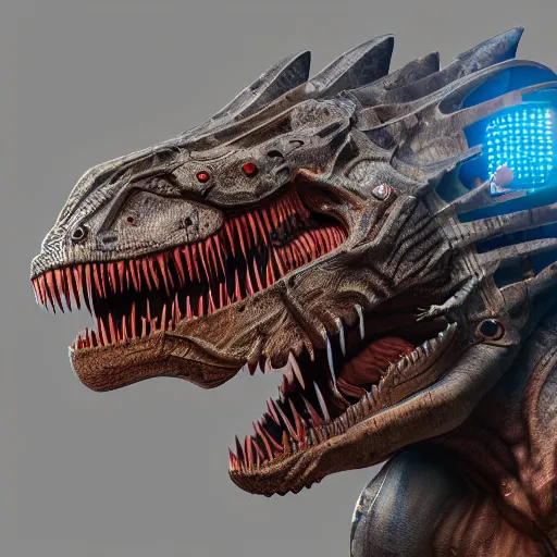 Image similar to cyborg t - rex hyper detailed, digital art, trending in artstation, cinematic lighting, studio quality, smooth render, unreal engine 5 rendered, octane rendered, art style by klimt and nixeu and ian sprigger and wlop and krenz cushart