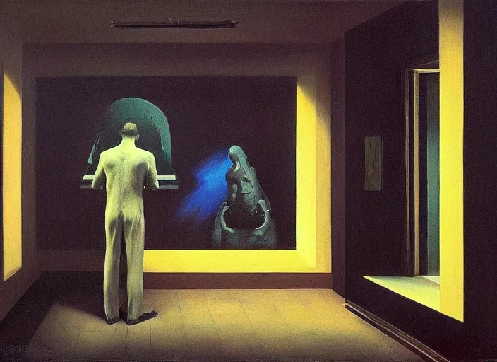 Prompt: painting of a man showing his art to the world, science fiction, Edward Hopper and James Gilleard, Zdzislaw Beksinski, highly detailed