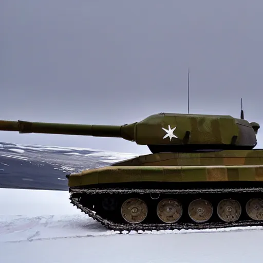 Prompt: photo of Challenger 2 tank in arctic camouflage