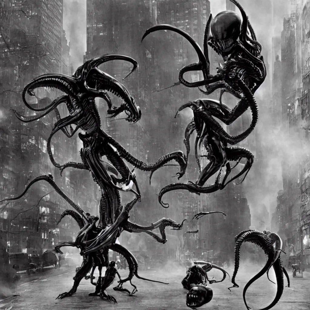 Image similar to old black and white photo, 1 9 1 3, depicting a xenomorph from the movie aliens rampaging through the bustling streets of new york city, historical record
