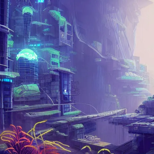 Prompt: “A scenic view of an abandoned underwater cyberpunk city from below, butterflyfish, jellyfish, sunlight, light effect, trending on artstation, blue color scheme”