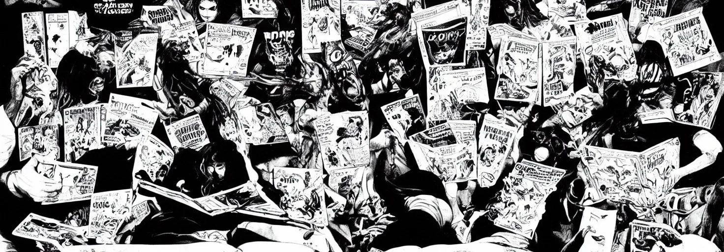 Image similar to a black and white photo of aliens reading comic books, photography, surreal, pulp, photorealism