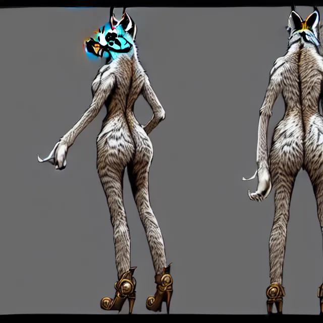 Image similar to the full body of anthropomorphic lynx fursona from behind wearing a steampunk suit as unimaginably beautiful, gorgeous, elegant, young woman with lynx head, an ultrafine hyperdetailed illustration by furaffinity, intricate linework, white fur, unreal engine 5 highly rendered, global illumination, radiant light, detailed and intricate environment