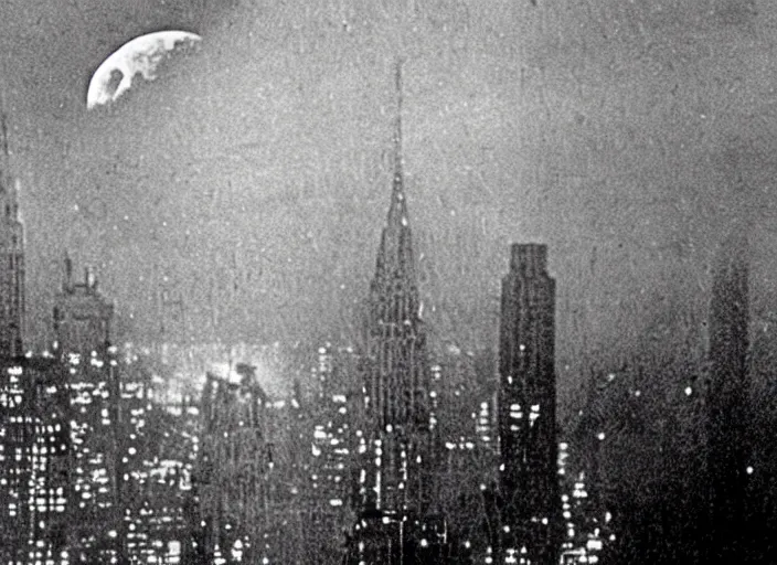 Prompt: vintage film still of the moon exploding over new york city in the 1 9 2 0 s from the old sci - fi movie