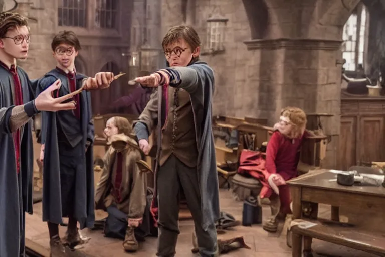 Prompt: film still of Tom Holland as Harry Potter wearing glasses and hogwarts uniform casting a spell in Harry Potter movie
