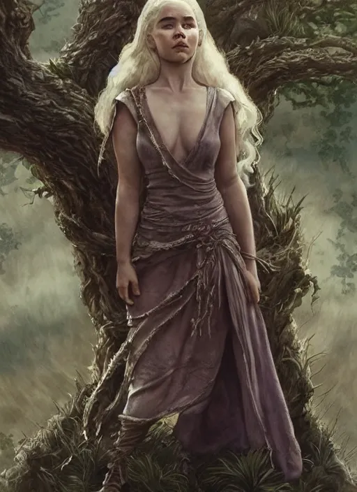 Image similar to Emilia Clarke as Daenerys Targaryen taking a rest under tree after an long adventure, a ruggedly muscled handsome heroine, intricate, elegant, highly detailed, centered, digital painting, artstation, concept art, smooth, sharp focus, illustration, artgerm, donato giancola, Joseph Christian Leyendecker, WLOP, Artgerm, thunder storm