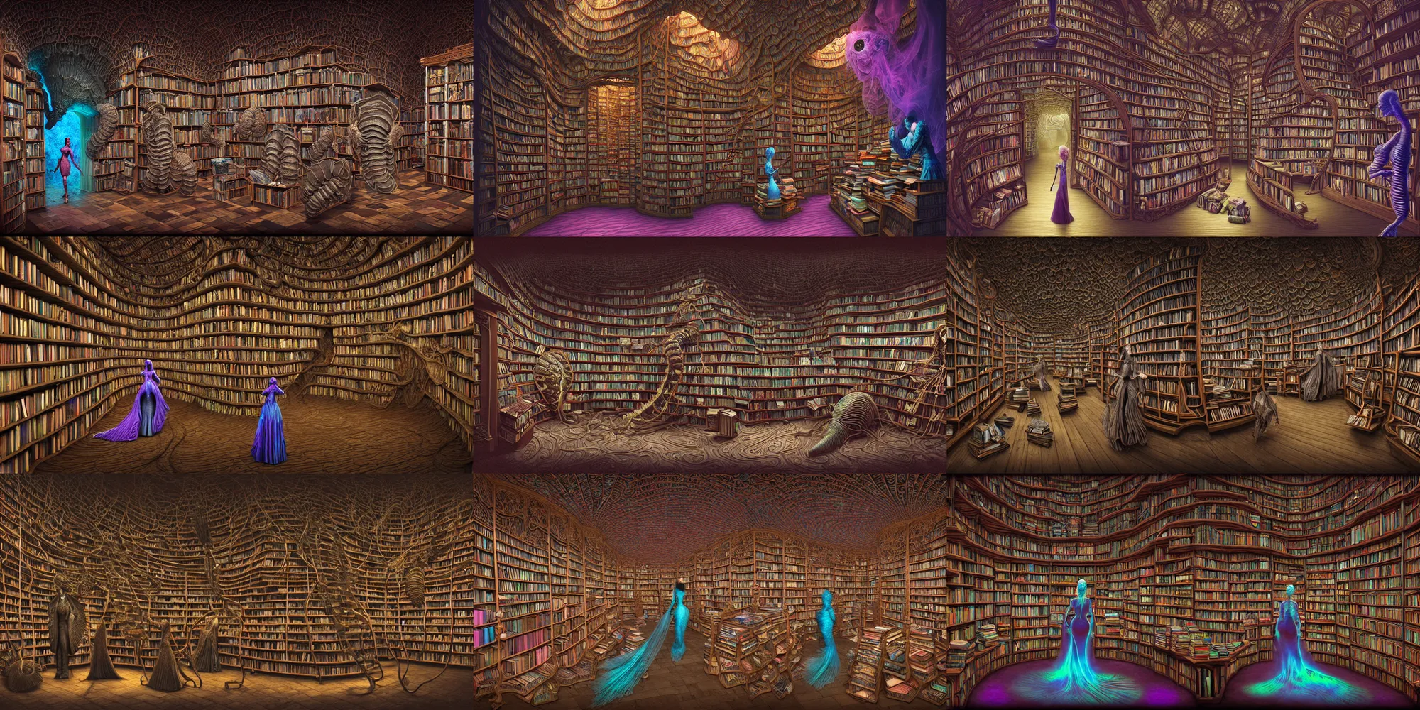 Prompt: insanely detailed generative archvis 3d render of the bookshop of giant iridescent trilobites, a woman in a ghostly victorian bustle guides them, masterwork, aerochrome eyes, fungal pages, Cronenberg bookshop, by Mark Ryden, Jeff Koons, Moebius, zdzisław beksiński, houdini, siggraph, threadlike, renderfarm, unreal engine 5, simulation