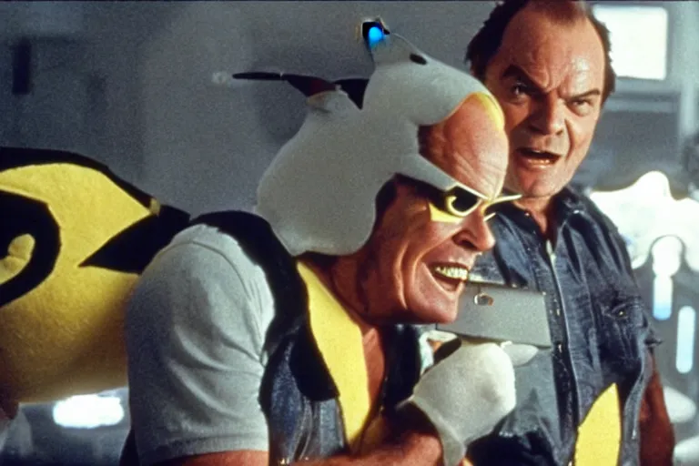 Image similar to Jack Nicholson plays Pikachu Terminator, scene where his endoskeleton gets exposed, still from the film