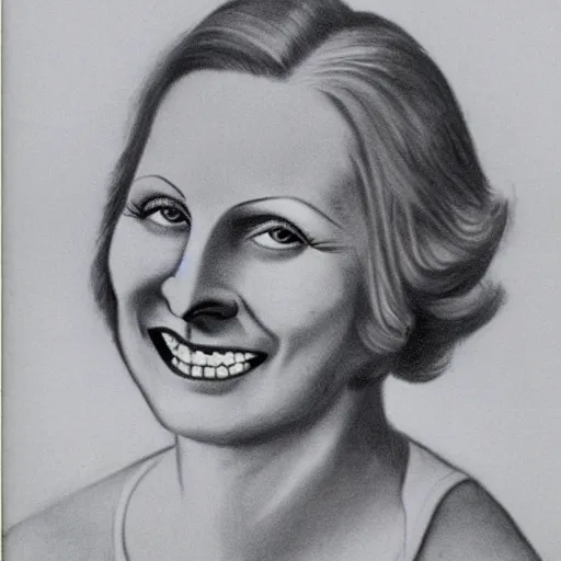 Image similar to a 1 9 2 8 color drawing portrait. calm, happy, healthy, smiling, sporty, young, glowing greta garbo in athletic wear with big smile and healthy teeth. realistic, high quality.