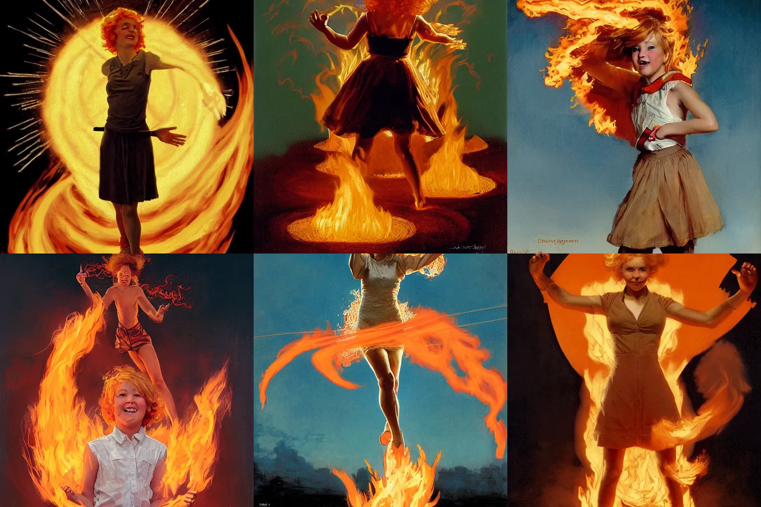 Prompt: a girl with short orange blond hair standing triumphantly in a ring of fire and flames. Wisps of fire controlled at her fingertips. By Geoffroy Thoorens Norman Rockwell and Dan Volbert.