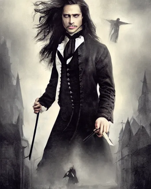 Prompt: alternate cover art for the movie interview with a vampire starring a long haired brunette brad pitt as louis de pointe du lac portrait, face centered, schmuck, porcelain face, regal, confident, unused design, night time, fog, colonial era street, volumetric lighting, realistic illustration, perfectly shaded, soft painting, art by krenz cushart and wenjun lin