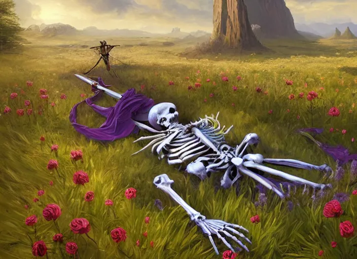 Prompt: a knight's skeleton killed long ago lays in a vast flower field in the cosmic sky by vladimir volegov and alexander averin and peder mørk mønsted and ross tran and raphael lacoste